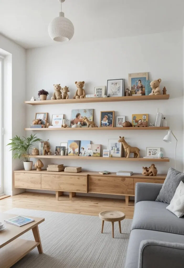 Floating wooden shelves displaying toys and books in an organized living room.