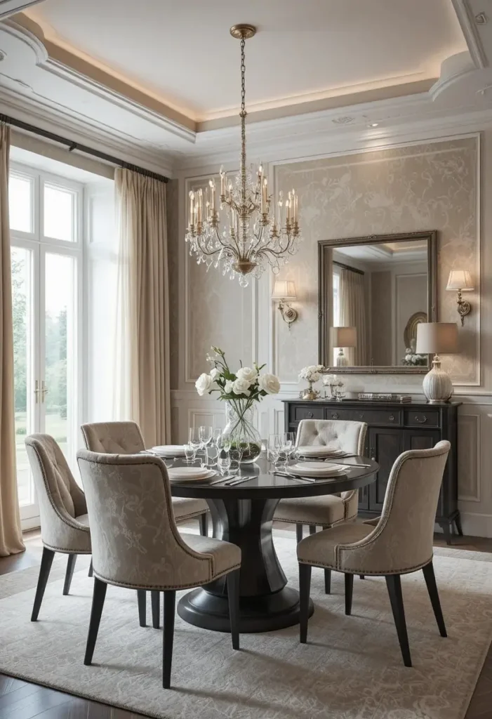 Dining room featuring textured wallpaper and layered neutral styling.