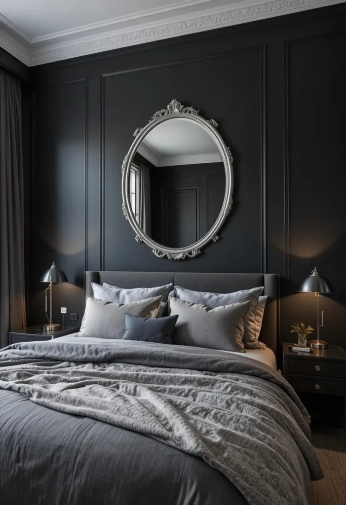 Black bedroom with silver accents and soft lighting