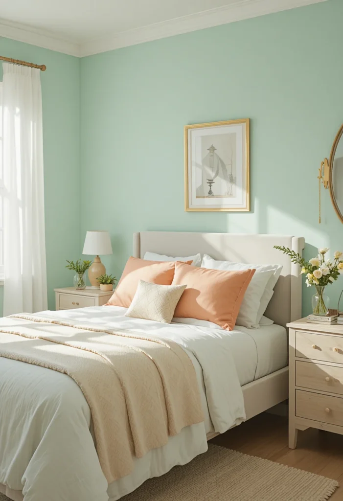 Mint green bedroom with soft peach-orange accents and light decor