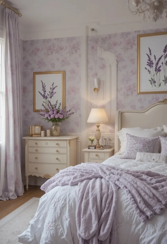 Purple floral bedroom with soft romantic decor