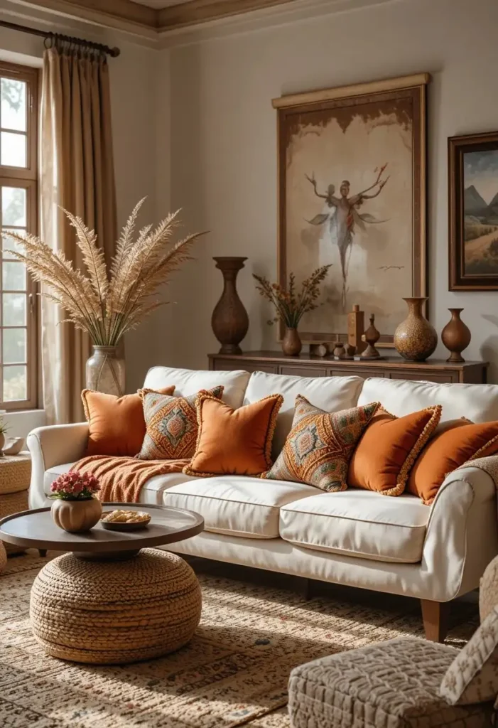 Boho living room with cream and terracotta tones