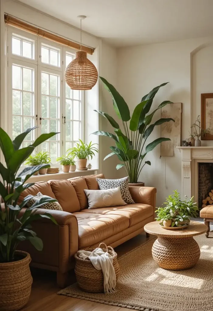 Brown couch living room decorated with greenery