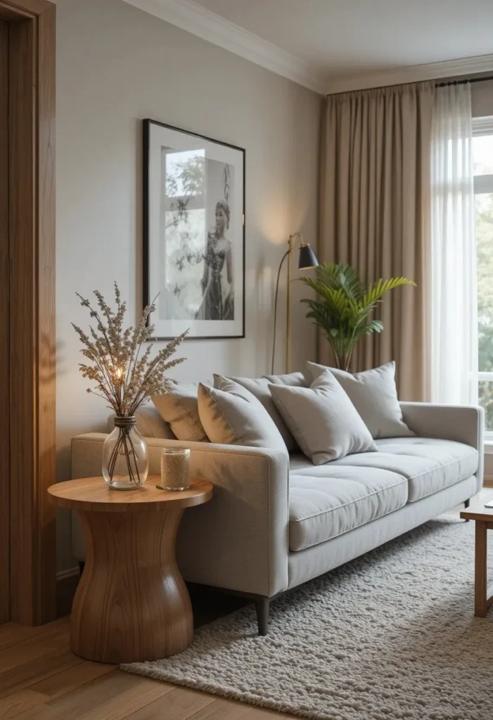 Round wooden side table in a cozy living room