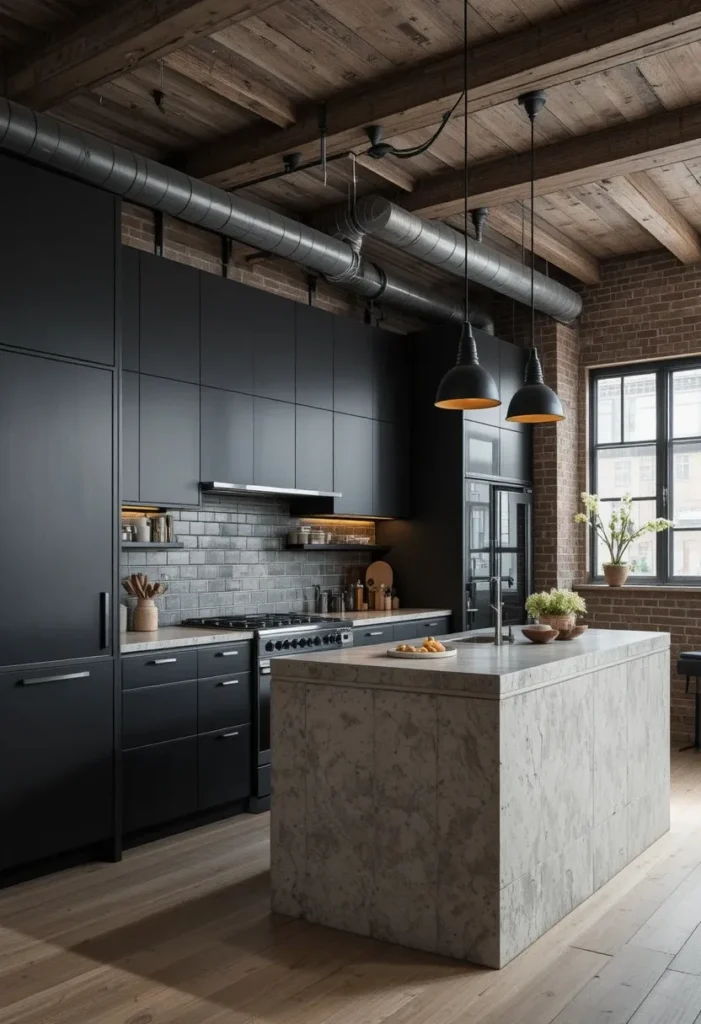 Industrial style kitchen with concrete island and dark cabinets