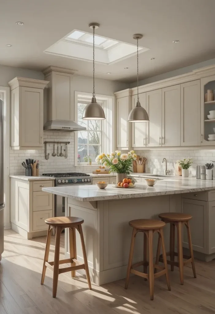 Small L shaped kitchen featuring a compact island and bright airy design.