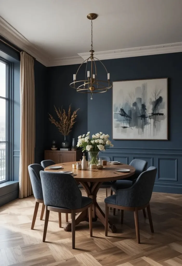 Dramatic dining room with dark accent wall and warm textures.