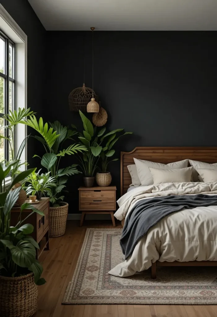 Green plants adding freshness to a black and brown bedroom