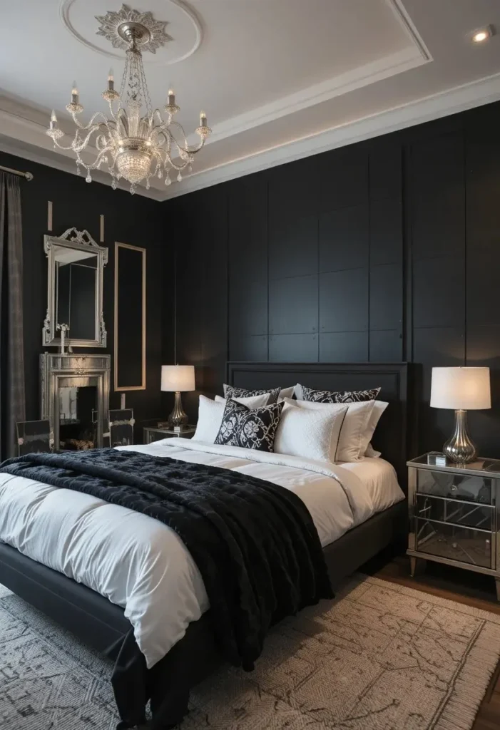 Black accent wall with silver decorations