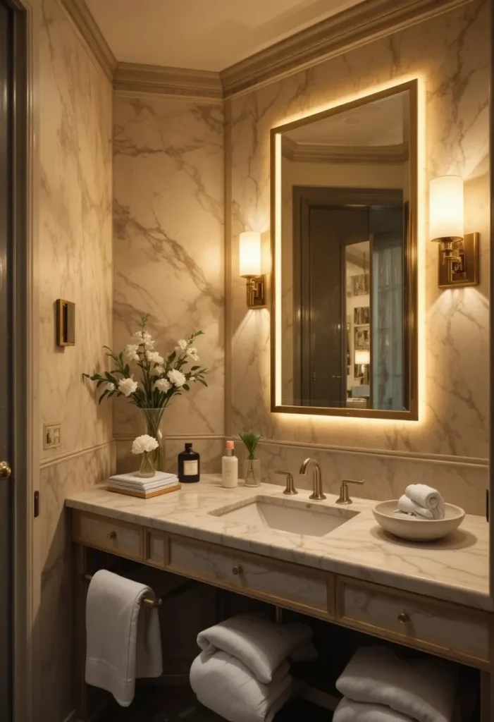 Spa-like guest bathroom with warm lighting and relaxing modern decor.