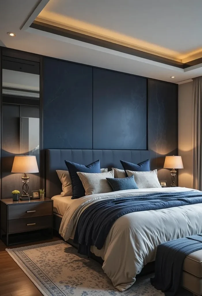 navy blue bedroom accent wall with warm cozy lighting