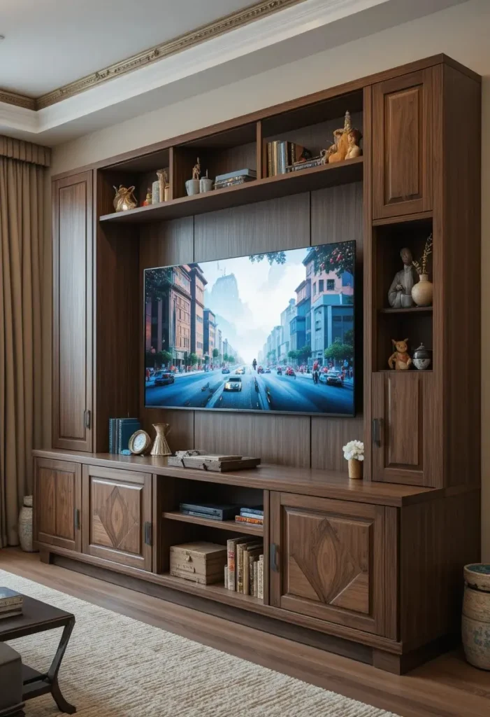 TV console with hidden toy storage in a clean modern living room.