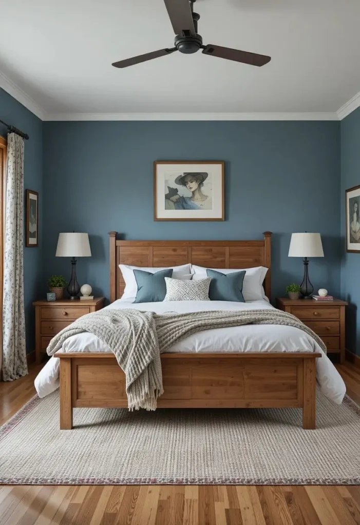 blue bedroom ideas with warm wooden furniture and calming decor