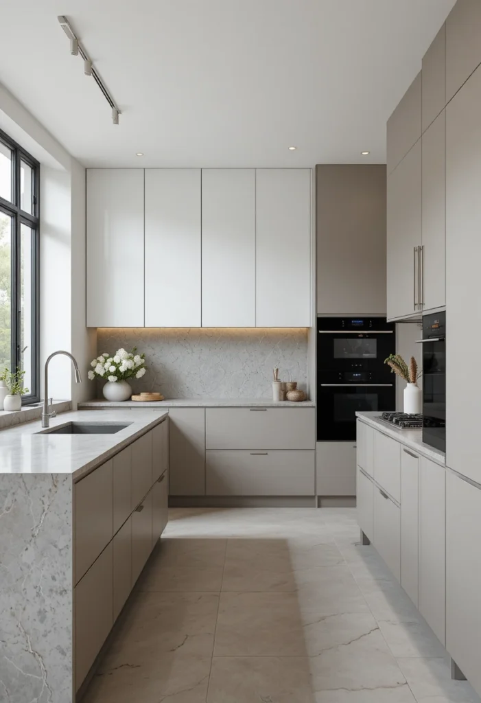 Minimalist kitchen with sleek island and clean clutter-free design.