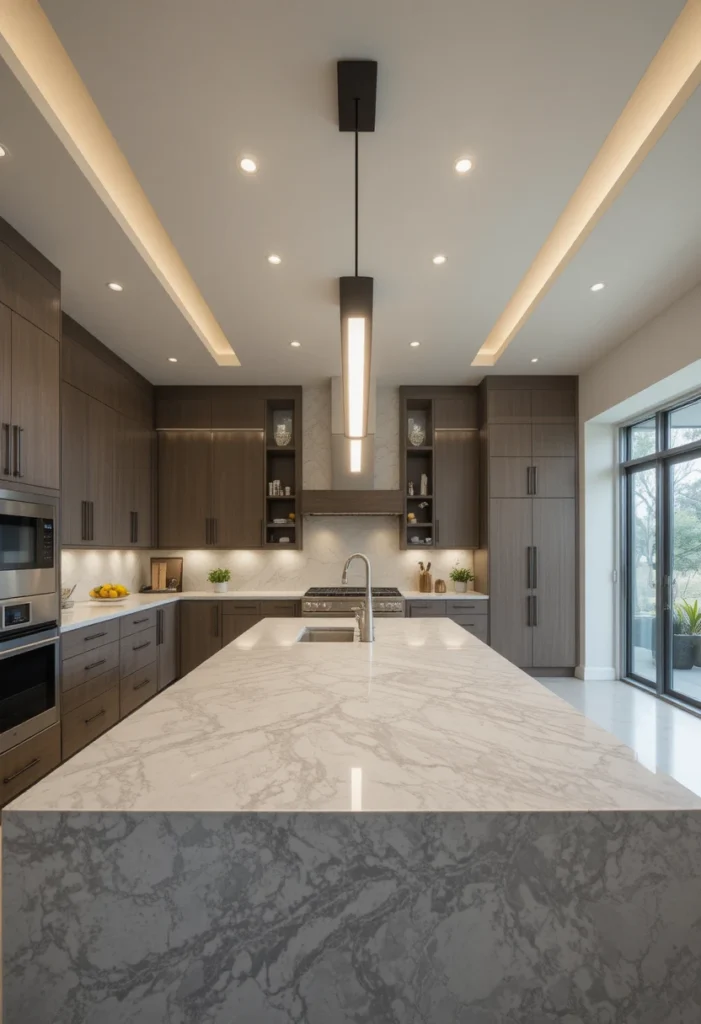 Linear pendant lighting providing balanced light over a long kitchen island