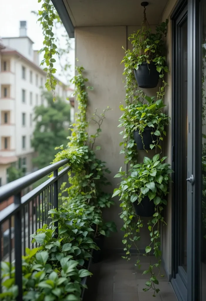 vertical balcony garden with hanging planters and trailing greenery