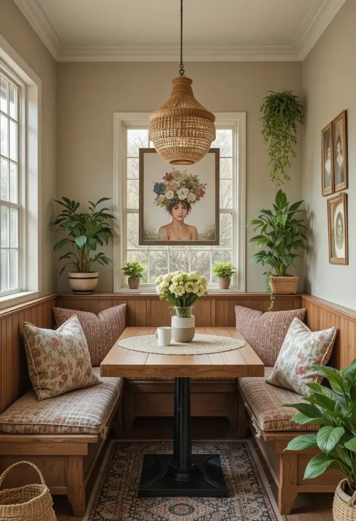 Cozy boho dining nook in a small space with soft textures.