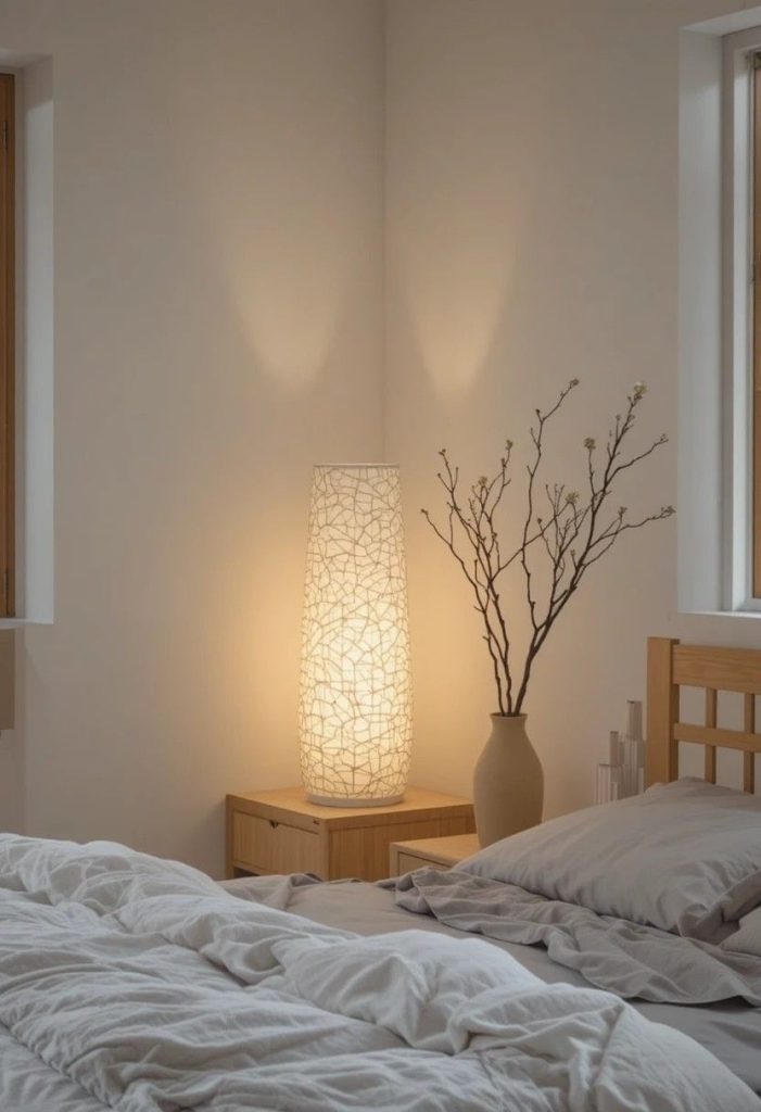 Tall white rice paper floor lamp glowing in the corner of a Japandi bedroom with a low oak bed