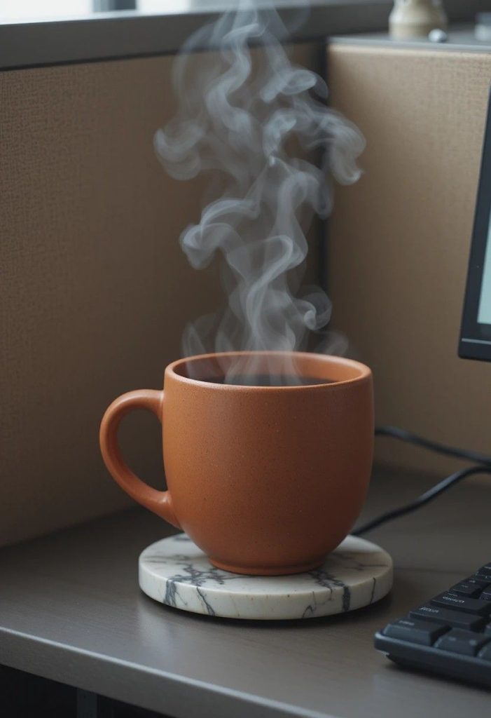 Terracotta stoneware coffee mug on a marble coaster at the corner of a cubicle desk with steam gently rising