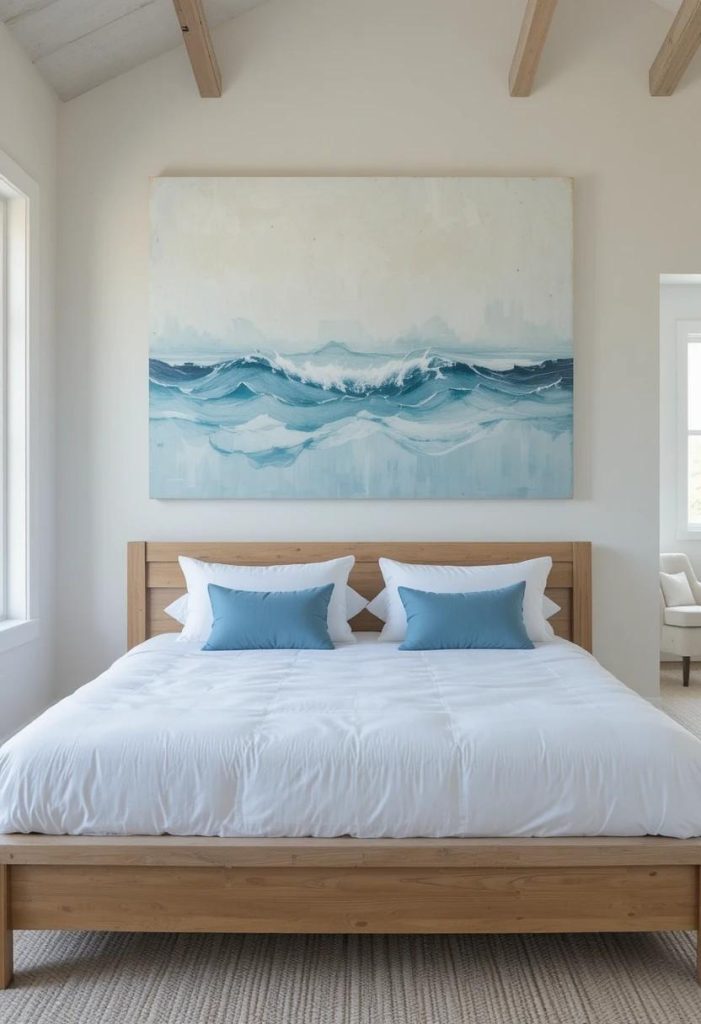 Minimalist abstract pale blue ocean painting hanging above a whitewashed coastal bed with linen bedding.