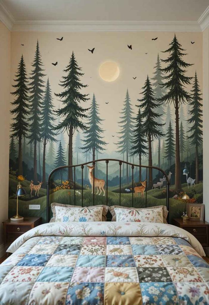 Hand-painted forest mural with woodland animals behind a vintage iron bed in a whimsical bedroom.