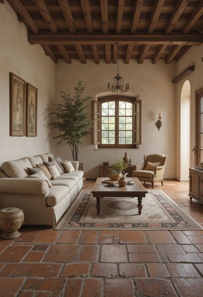 Tuscan living room with reclaimed terracotta tile flooring in warm clay tones, linen sofa, and vintage rug.