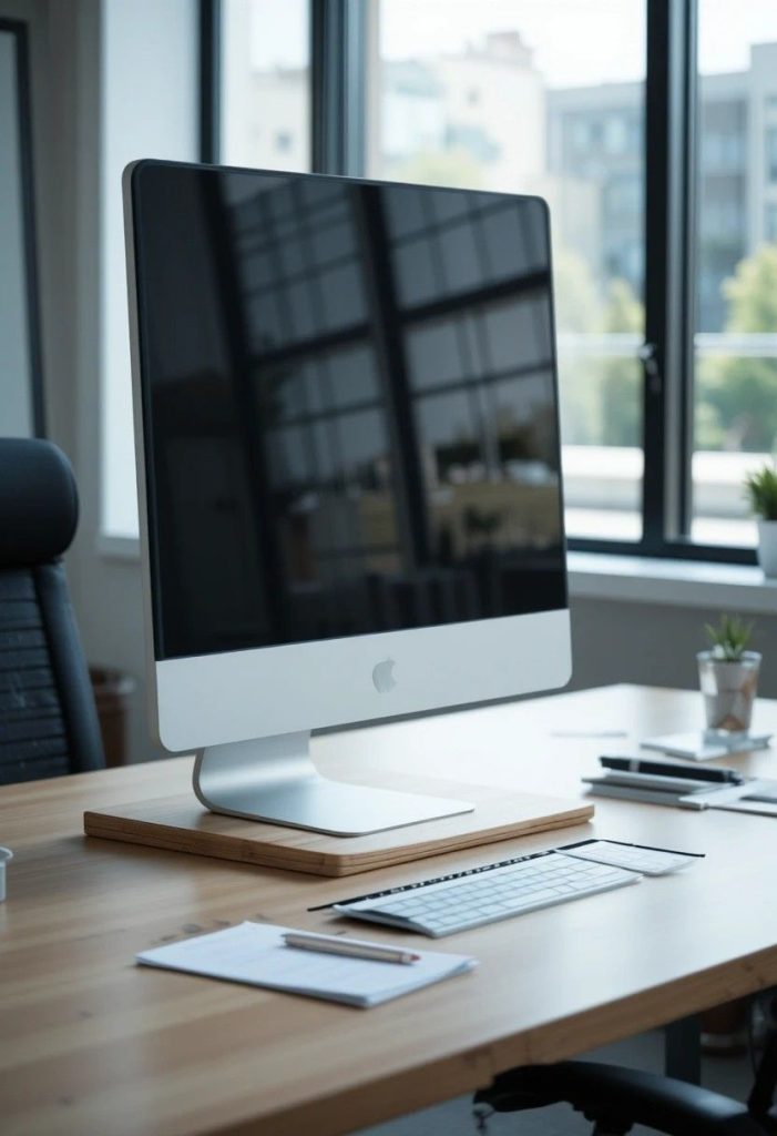 Computer monitor elevated on a light oak wooden riser with a wireless keyboard tucked underneath at a corporate office desk