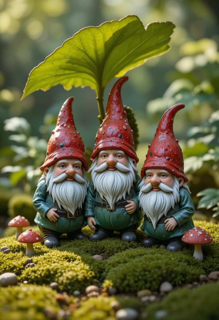 Three vintage ceramic garden gnomes with red hats gathered under a hosta leaf with mushrooms and moss