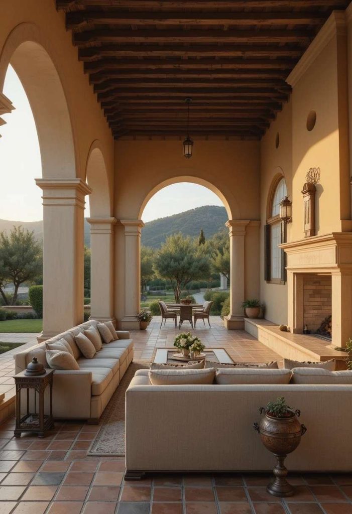 Tuscan loggia with three stucco arches, terracotta floor, fireplace, linen sofa, iron lantern, and olive grove view at sunset.