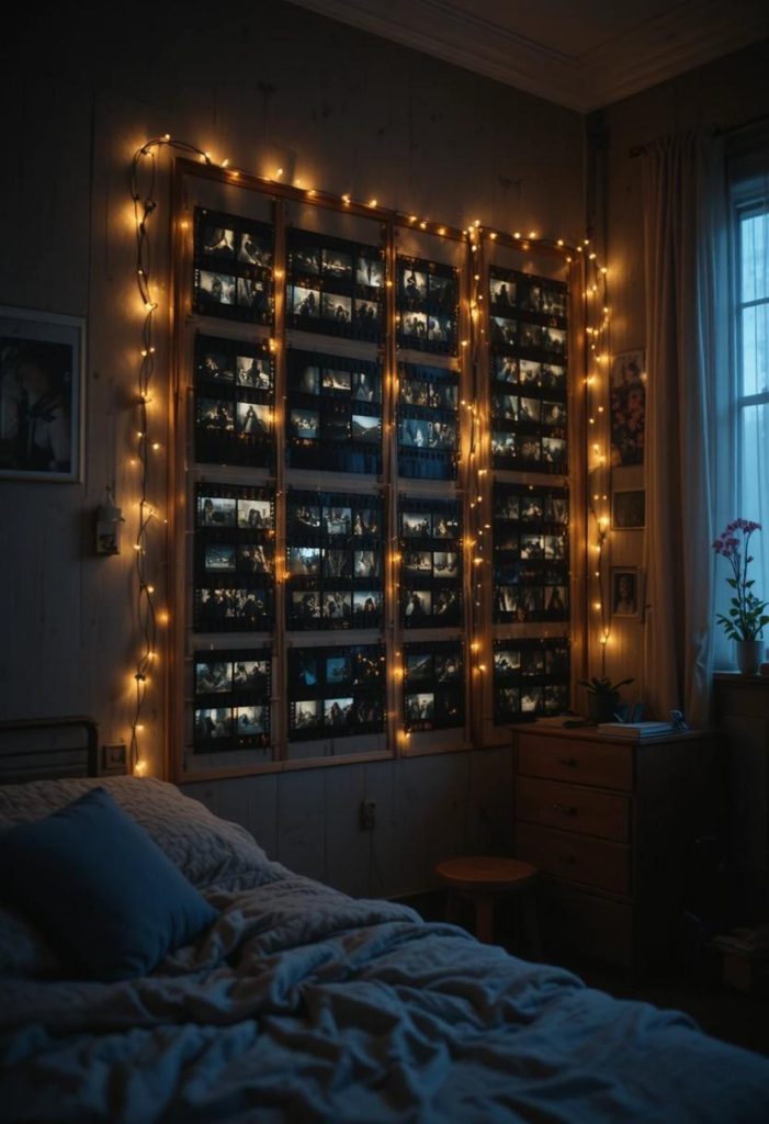 Hanging 35mm film negative strips taped to a wall and backlit by string lights