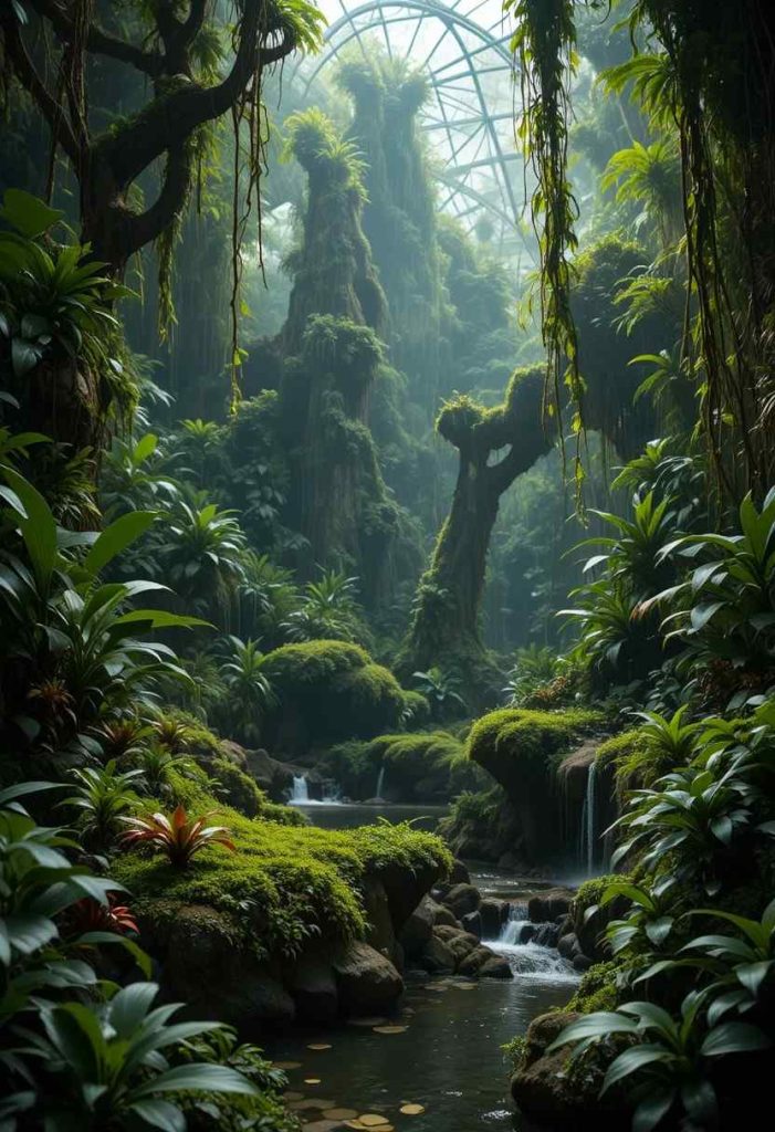 Tropical paludarium covered in moss bromeliads and pothos vines with a misty rainforest feel
