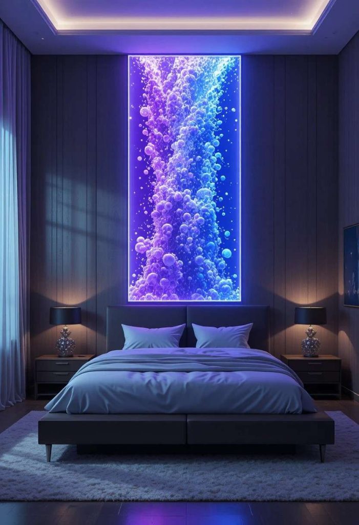 Tall LED bubble wall panel glowing blue and purple in a modern aquatic bedroom