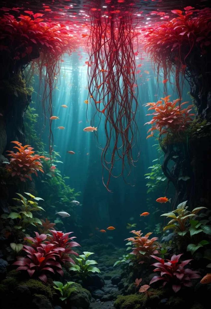Small aquarium surface covered in floating red root floater and salvinia with dappled light below