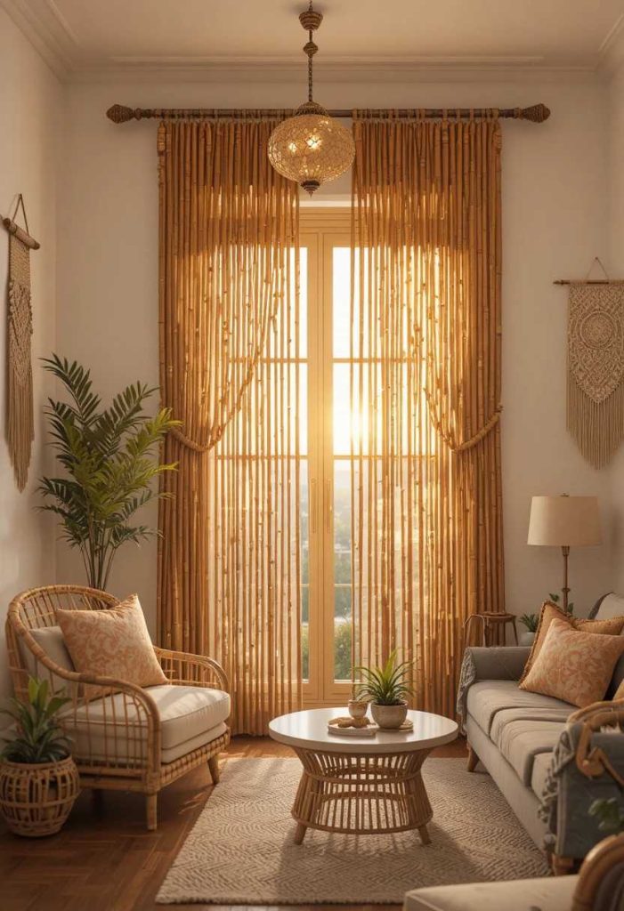 Natural bamboo beaded curtains filtering warm golden light in a boho living room with rattan and macrame decor
