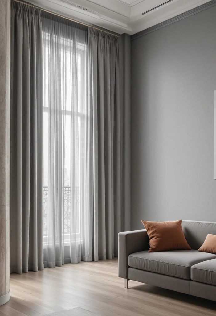 Floor-to-ceiling light gray pinch pleat linen curtains in a minimal architectural living room with warm taupe sof