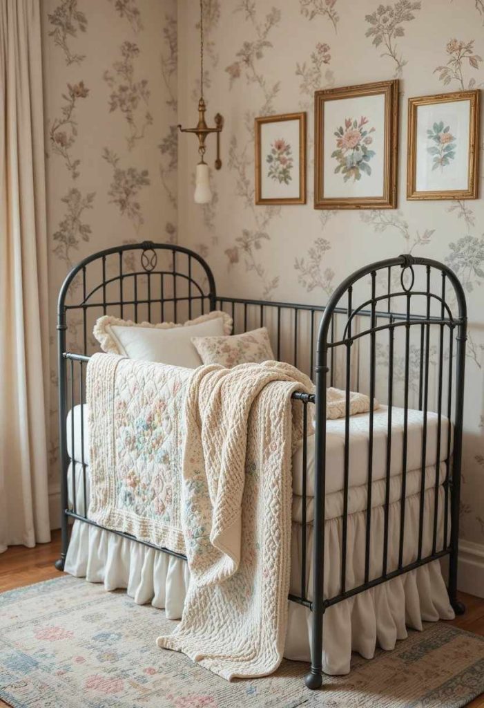Vintage nursery with antique-style iron crib, patchwork quilt, botanical wallpaper and brass lamp for a newborn