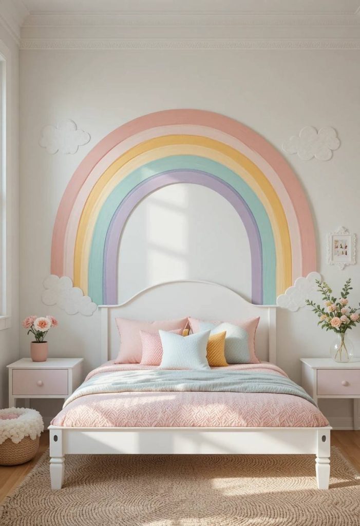 Hand-painted pastel rainbow arch above kids bed with white cloud details on white walls in a joyful whimsical bedroom