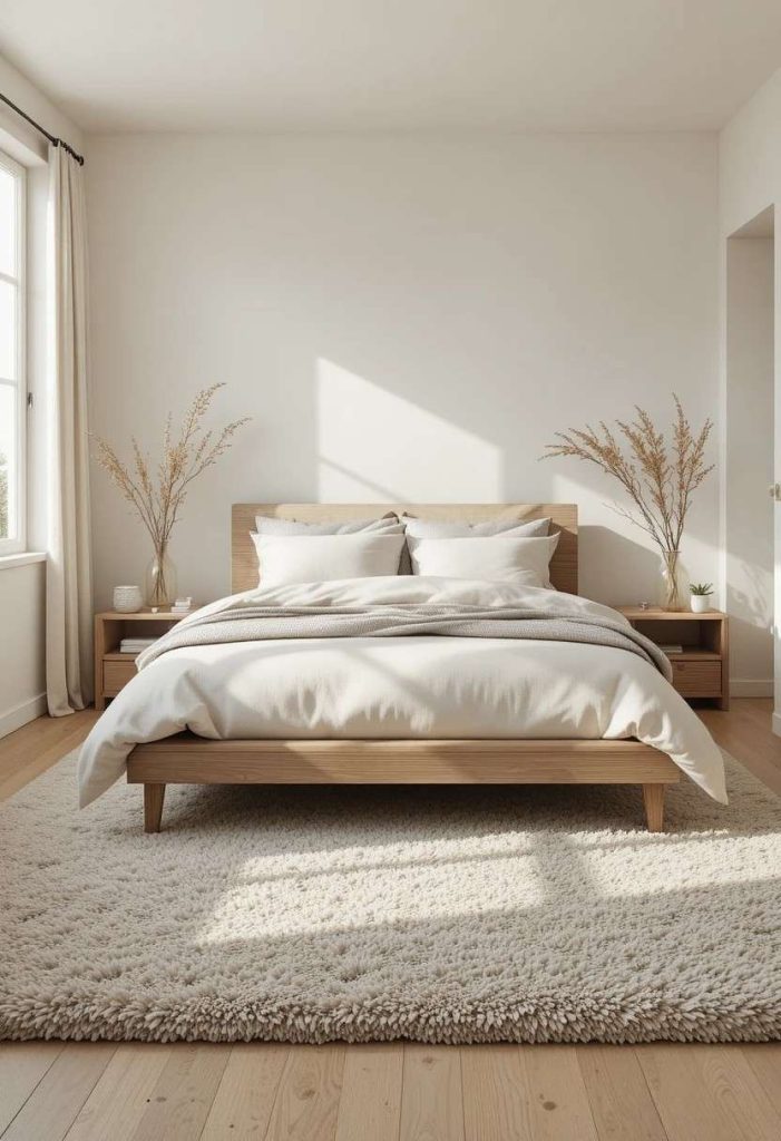 Plush oatmeal-taupe wool rug layered under a low platform bed in a neutral bedroom