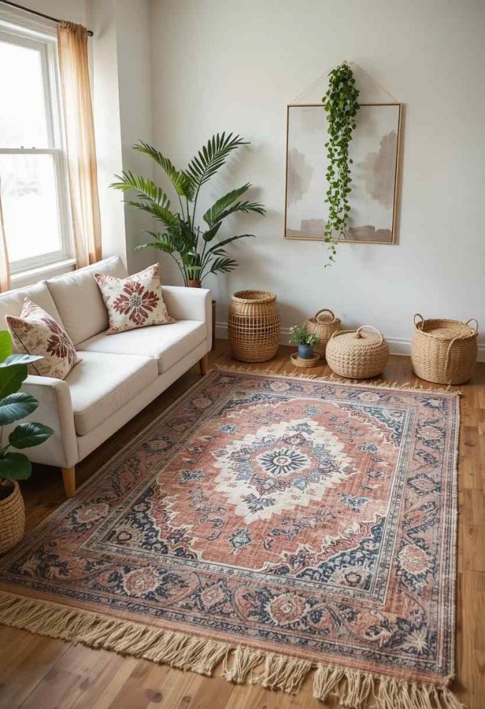 Layered jute and vintage Persian rugs under cream sofa in a cozy small boho living room.