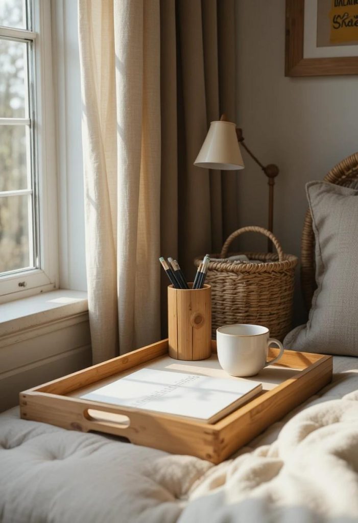 Warm wood tray bamboo organizer and rattan accents on small cozy college bedroom desk