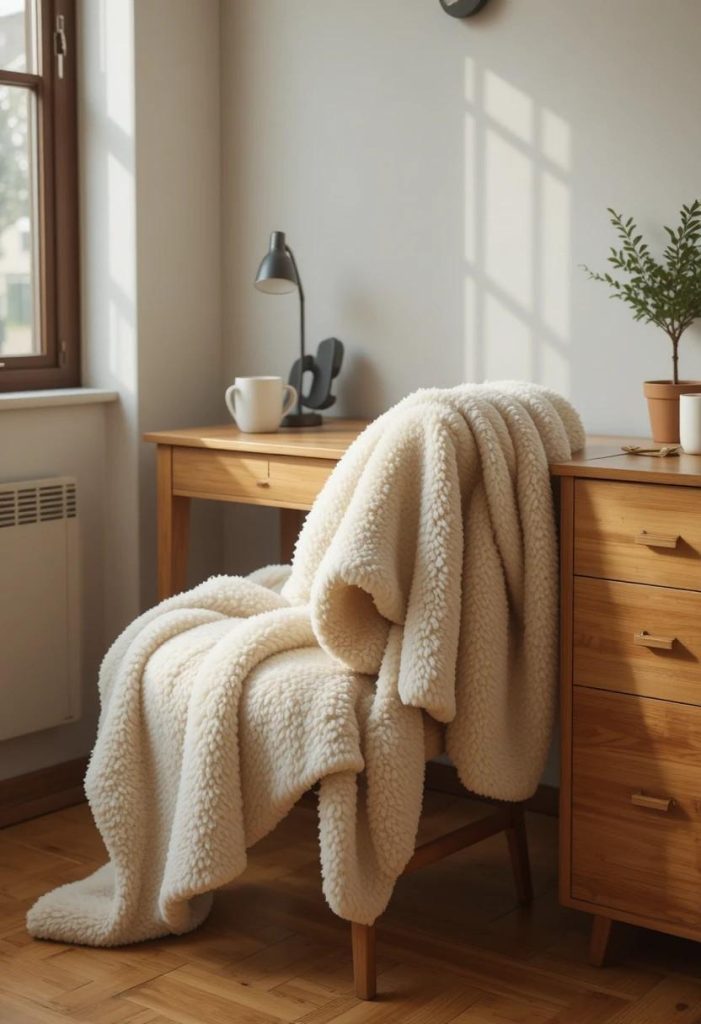 Cream faux sheepskin throw on desk chair in aesthetic budget college bedroom