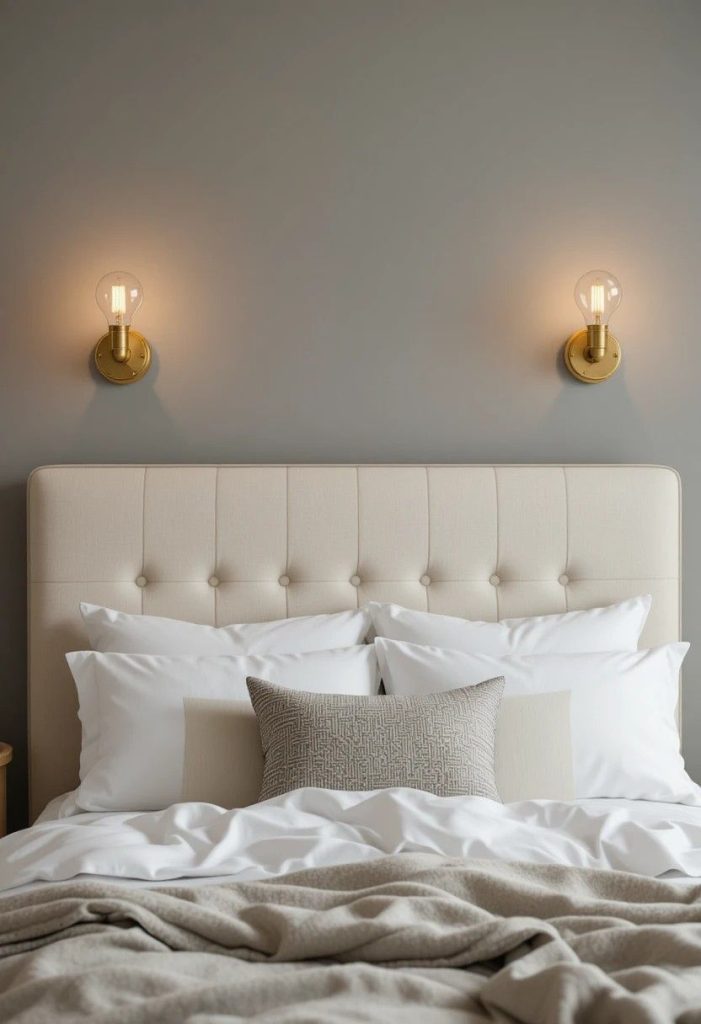 Warm brass plug-in wall sconces beside upholstered headboard in college apartment bedroom