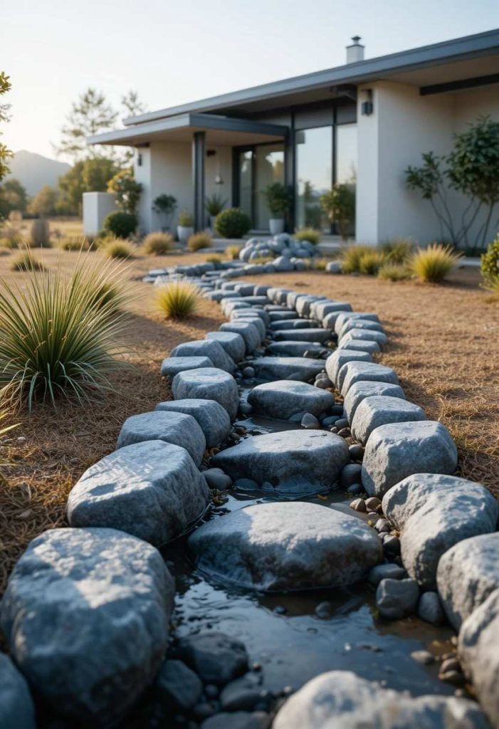 Dry stream bed of river rocks winding through a minimalist front yard