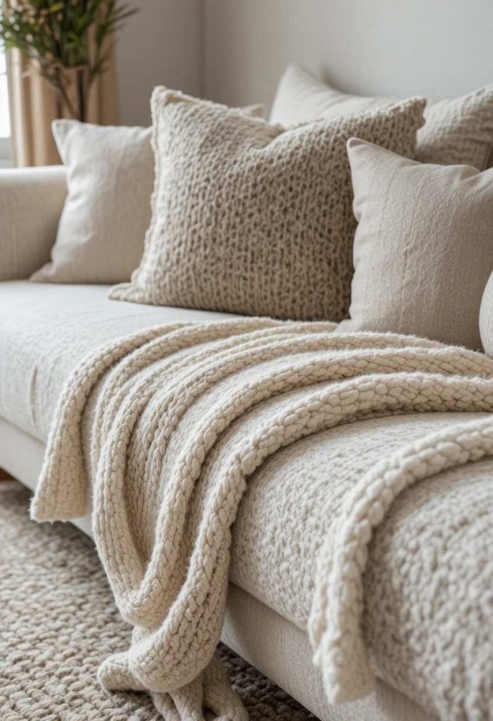  Layered textures of boucle sofa, knit throw, linen pillows, and wool rug in a Scandinavian living room.