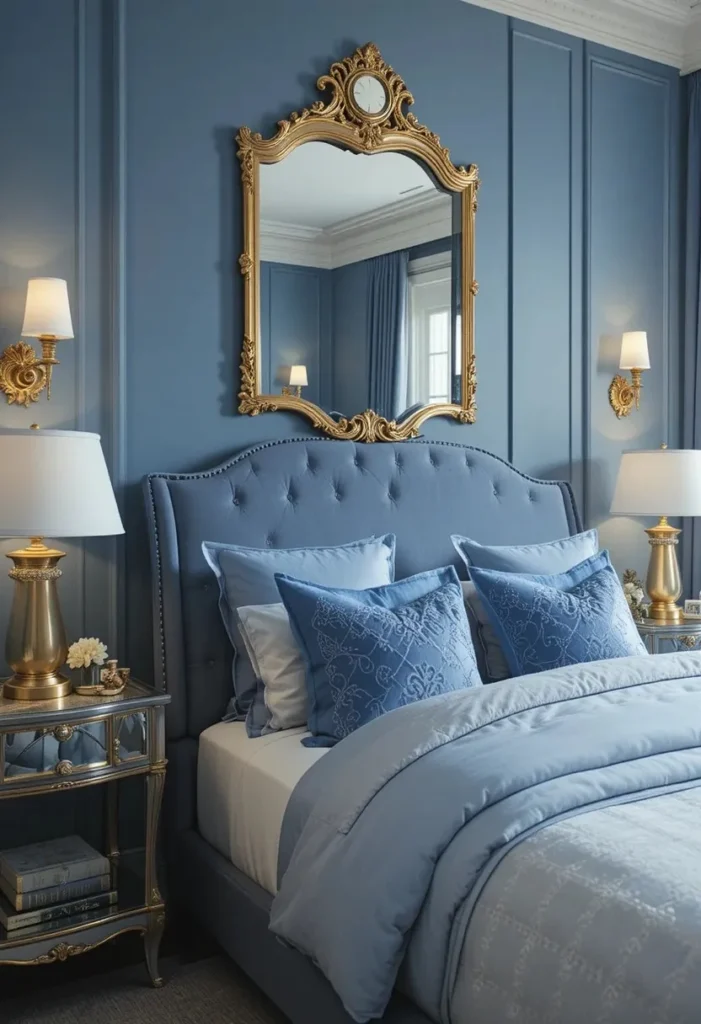 blue bedroom ideas with elegant gold accents and cozy decor