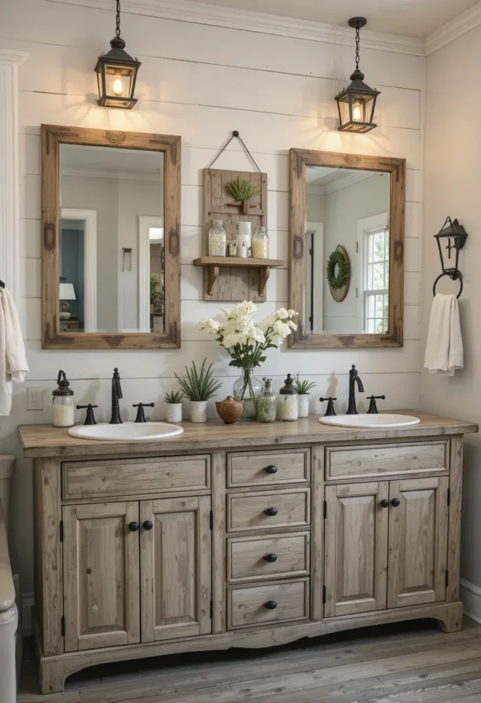 Farmhouse double sink vanity with rustic wood and black lantern lighting.