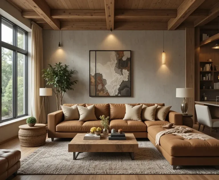 Cozy living room with stylish brown couch decor