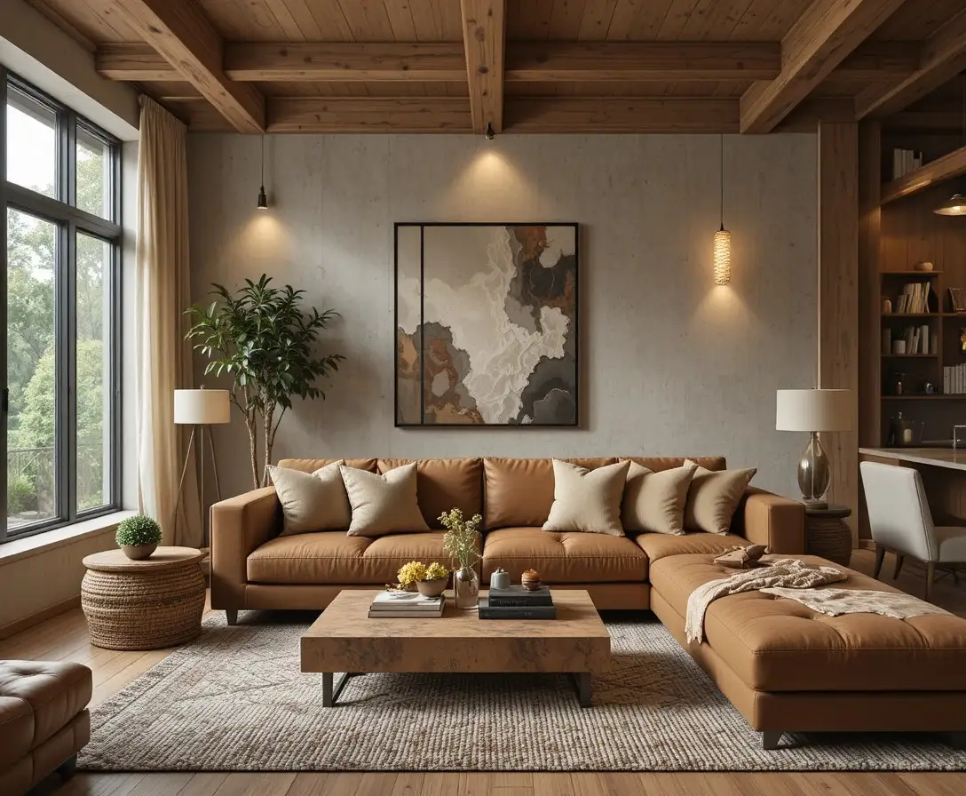 Cozy living room with stylish brown couch decor