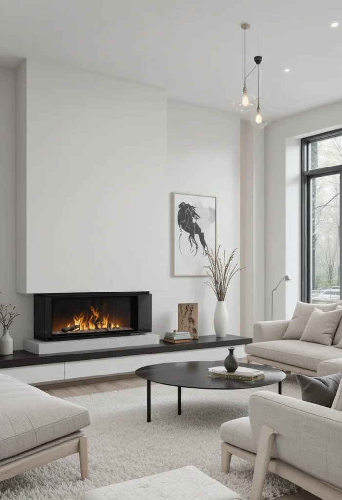 Modern minimalist living room with black fireplace.