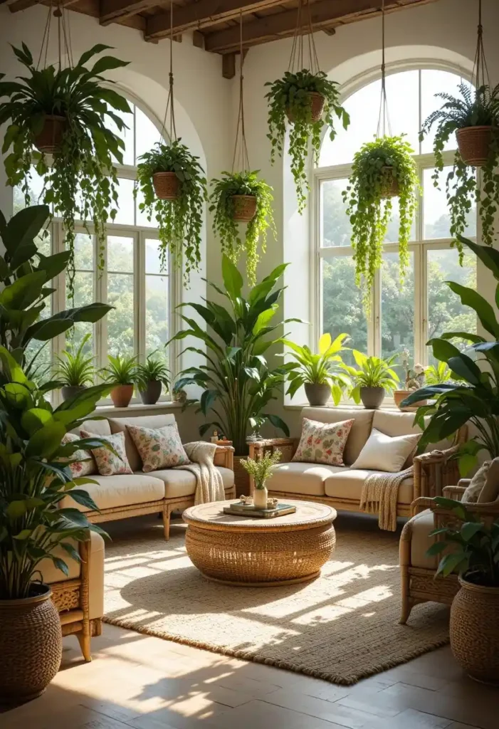 Boho living room decorated with indoor plants